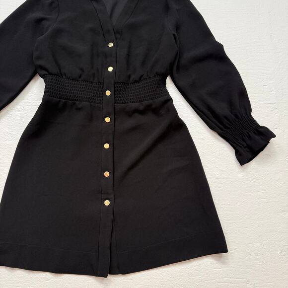 Sandro Paris Black Smocked Waist Button Down Mini Dress, Size Medium - Picture 3 of 8
